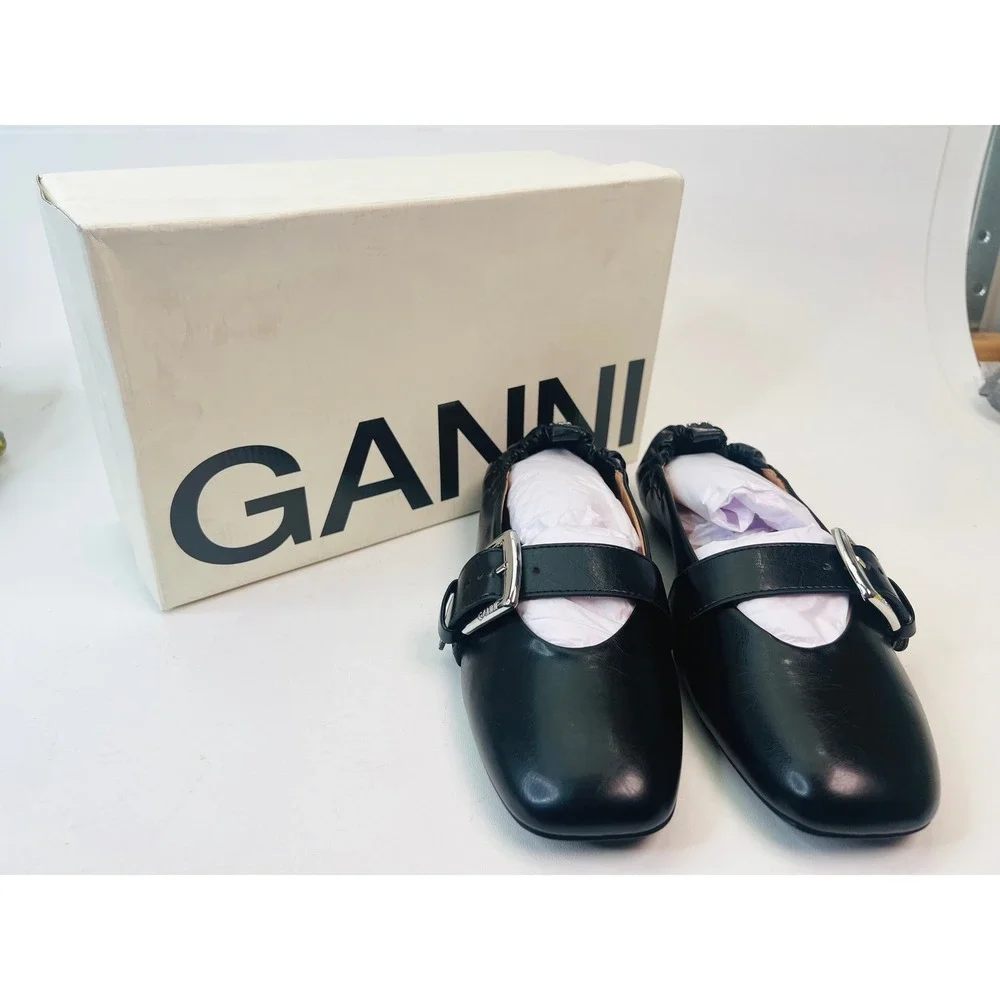 Ganni Black Leather Wide Buckle Ballerina Flats Square Toe S3117 EU 40 / US 9.5 - Picture 2 of 9